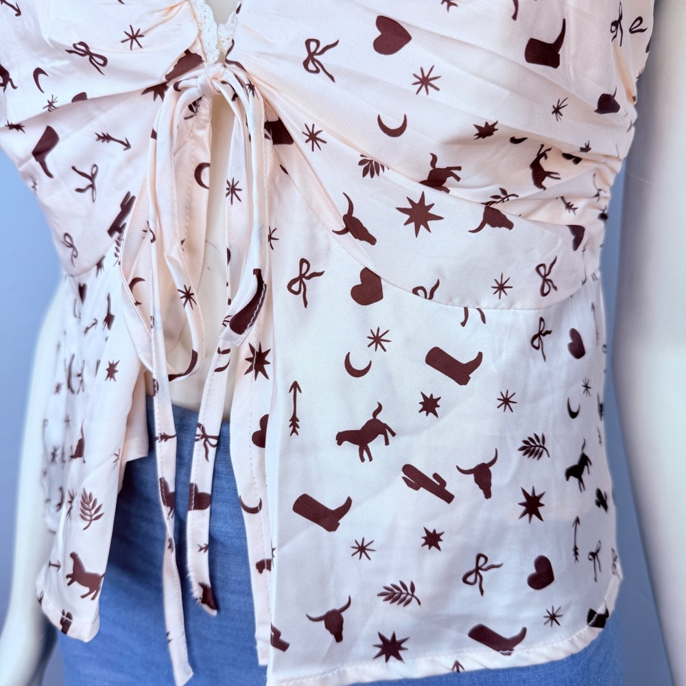 Lelis Collection Cami Tank Top Womens Medium Pink Western Cowboy Print Tie Front - Picture 6 of 9